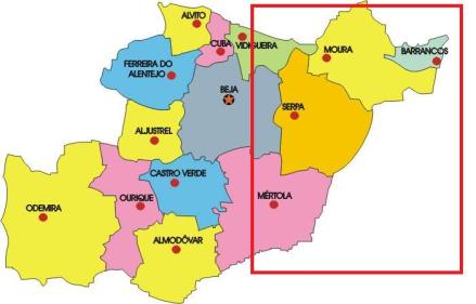 Concelhos do Baixo Alentejo, fronteiriços com a Extremadura e a Andalucía