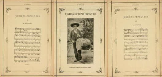 Partituras e foto de um tamborileiro publicadas na revista “A Tradição”, vol. II, 1900